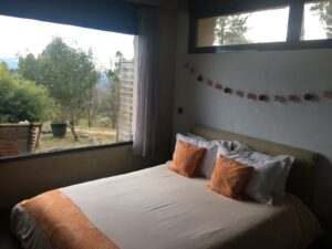 Habitación Normal de Hotel La Canela, con cama doble y vistas al jardín desde grandes ventanales.